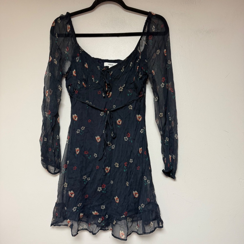 Rahi Floral Mini Dress Womens XS Navy Blue Excellent Boho Cottagecore 76794